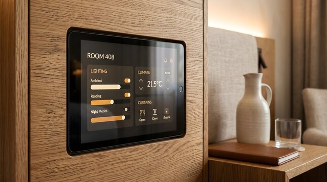 Smart Home Automation Tablet Interface Mounted in Bespoke Oak Wood Paneling