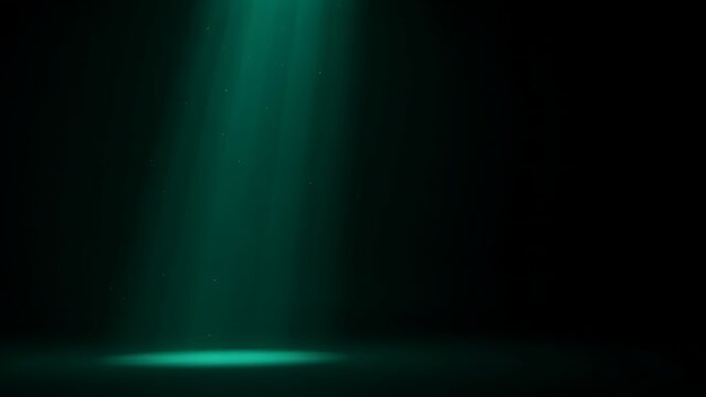 Cinematic green spotlight beam on dark background, dramatic stage lighting effect, mysterious emerald light rays for product presentation