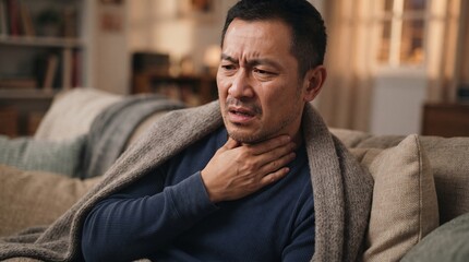 Obraz premium Man suffering from a painful sore throat and seasonal flu symptoms resting at home on his couch wrapped in a warm wool blanket during recovery
