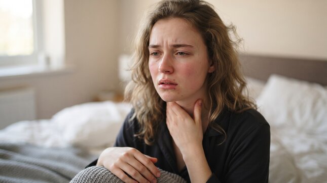 Young sick woman sitting on bed and touching her painful sore throat with hand, feeling unwell with flu or cold symptoms