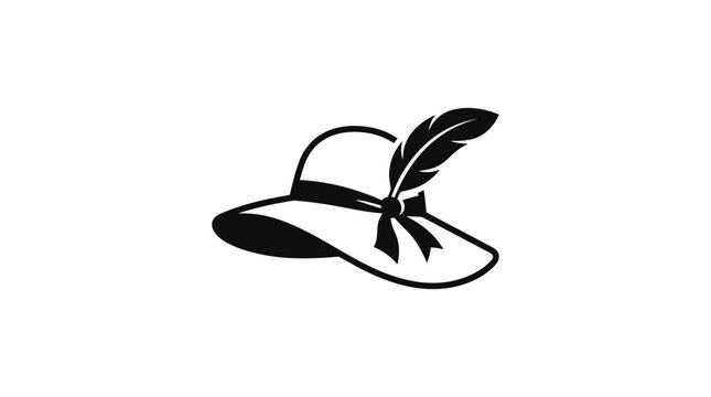 Minimalist black and white illustration of an elegant ladies sun hat with a decorative feather.