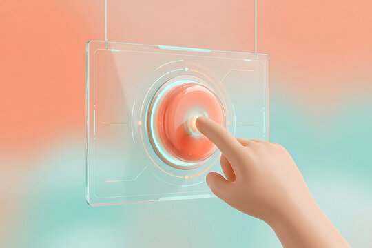 Human hand pressing a large glowing orange button on a futuristic transparent panel with pushing button transparent interface digital control