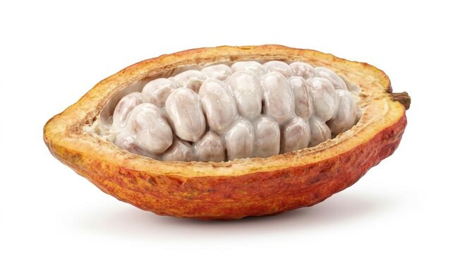 Open cocoa pod with beans, isolated on pure white background