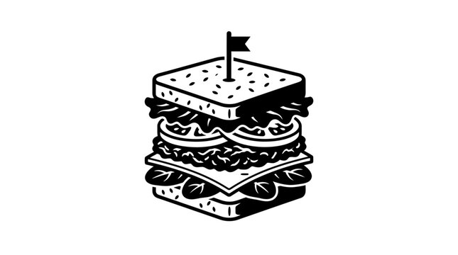 Minimalist black and white line art illustration of a club sandwich with a toothpick flag.