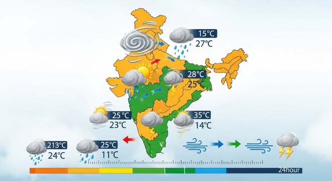 Colorful India Weather Map with Temperature and Rainfall Forecast.
