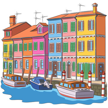 Colorful traditional houses and boats along a canal in Burano, Venice, Italy, vector illustration.