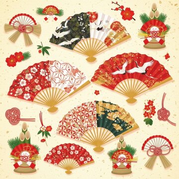Colorful Japanese Fans and Traditional Decorations on Beige Background.