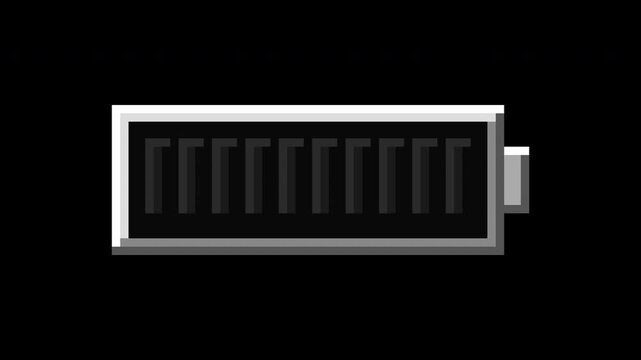 Pixelated battery icon animation showing power level decreasing from full to empty
