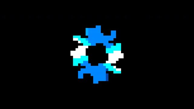 Retro 8 bit pixel animation of a loading circle in blue and white