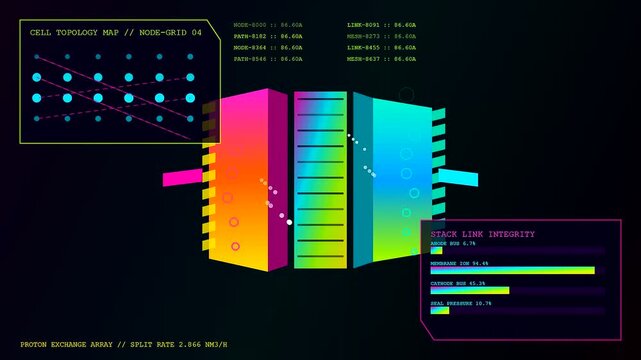 a colorful digital interface illustrating hydrogen electrolysis process with shifting node grid diagrams and changing performance data metrics displayed across a dark atmospheric monitor panel screen