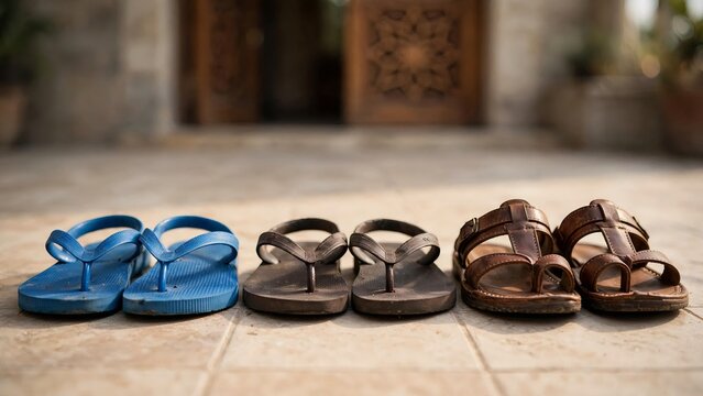 Three pairs of sandals and flip flops lined up on a tiled floor outside a building entrance with a traditional carved wooden door