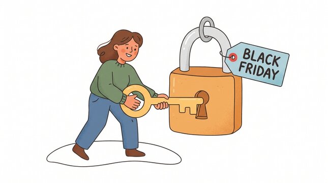Woman unlocking a large padlock with a key labeled Black Friday, symbolizing access to deals and savings