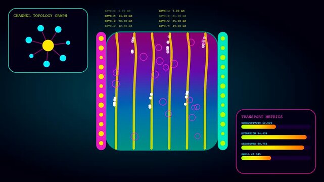 the hydrogen electrolysis process is displayed through a digital monitor tracking gas transport flow in this scientific graphic showing particle movement across colorful wave patterns