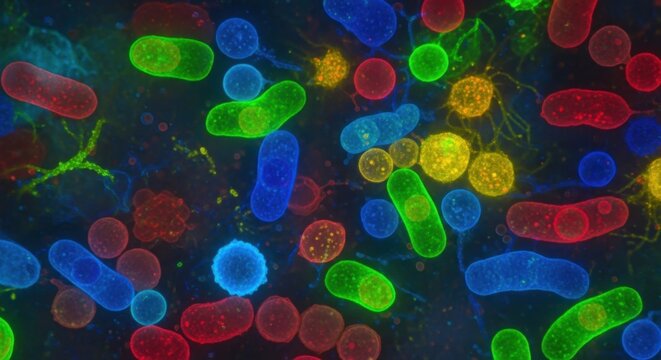 Colorful Microscopic Bacteria and Cells Under Fluorescent Microscopy.