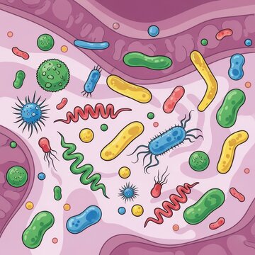 Colorful microscopic bacteria and viruses illustration.