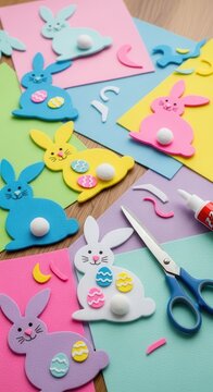 Colorful paper bunny craft supplies on wooden table.