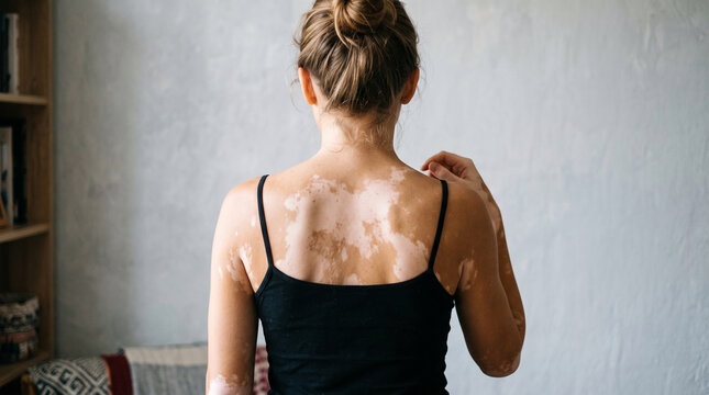 Back view of a woman with vitiligo skin condition. It promotes body positivity and awareness of dermatological diversity. Ideal for medical, beauty, and healthcare educational content.