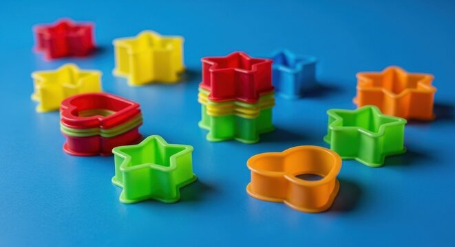 Colorful plastic cookie cutters arranged on blue background.
