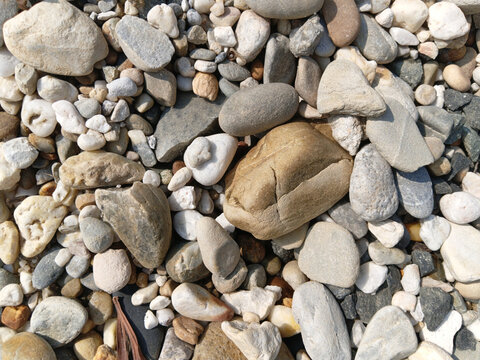 Wet river pebbles background texture for luxury architectural pool design, fountain base flooring, modern garden water feature, vibrant polished dark grey rocks, detailed top view of natural stone agg