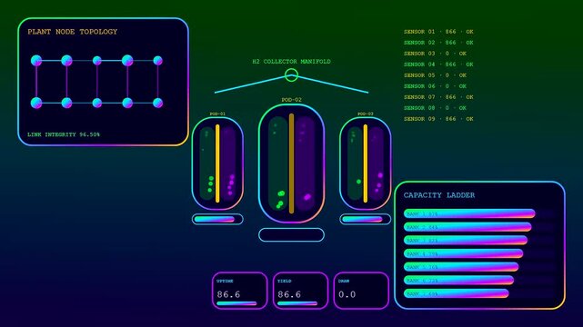 Digital displays showing hydrogen electrolysis energy processing loops with moving data nodes and glowing capacity bars flickering across the dark gradient computer interface control panel screen