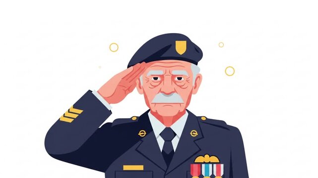 Elderly man in military uniform saluting with a serious expression, honoring service and duty.