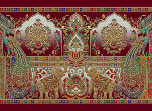 Rani Pink Ornate Ethnic Embroidery Pattern for Saree Borders