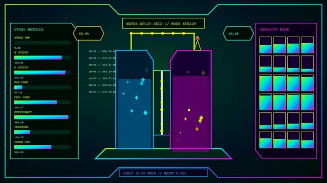 A hydrogen electrolysis user interface display presents dynamic data visualizations with neon lines and glowing nodes across three separate monitor panels for complex energy production analytics