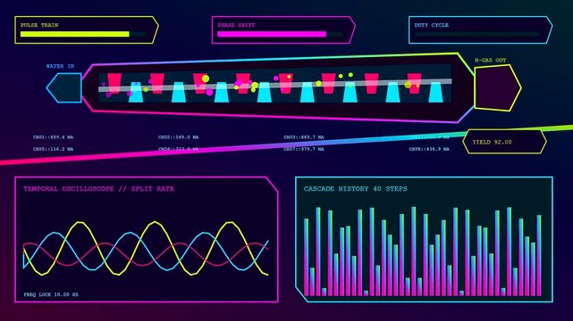 A digital representation of hydrogen electrolysis shown on three stacked panels displaying oscillating wave patterns with glowing particles flowing through a reactor chamber for industrial science