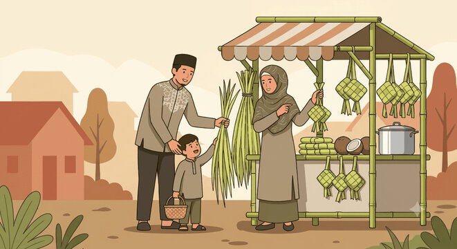 Muslim family buying fresh ketupat and palm leaves at a traditional village market stall for Eid Al-Fitr preparation, vector illustration style.
