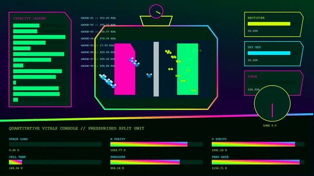 A digital screen interface displays hydrogen electrolysis system metrics with vibrant neon glowing bar graphs and data readouts in a continuous monitoring video preview sequence