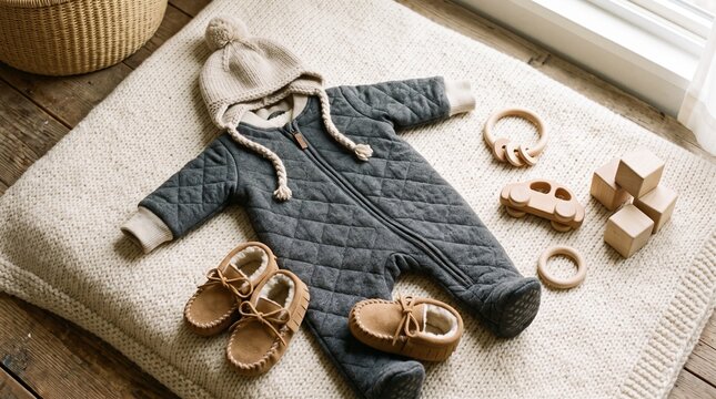 Cute baby winter outfit with a dark grey quilted jumpsuit and brown leather moccasin shoes laid out on a soft blanket for a newborn infant