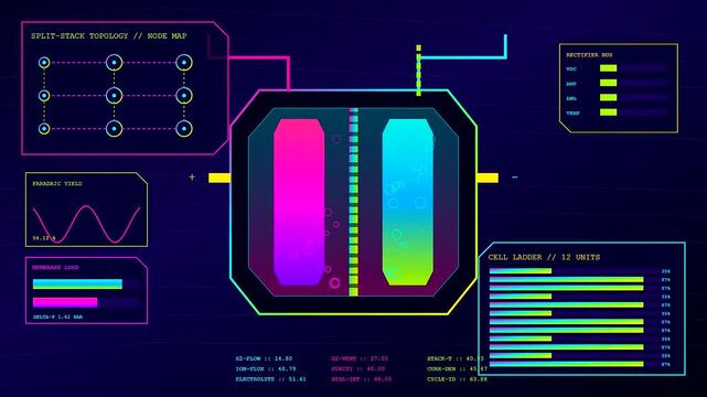 Hydrogen electrolysis displayed on a digital monitor interface with shifting fluid levels and glowing neon data charts during a complex chemical energy production sequence process