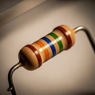 Colorful resistor component on metal stand close up.
