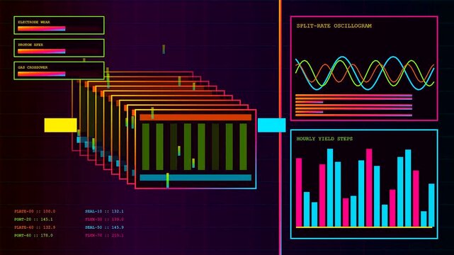 a modern hydrogen electrolysis system interface visual showing fluctuating wave patterns and bar graphs with vibrant neon data charts captured on a dark digital monitor