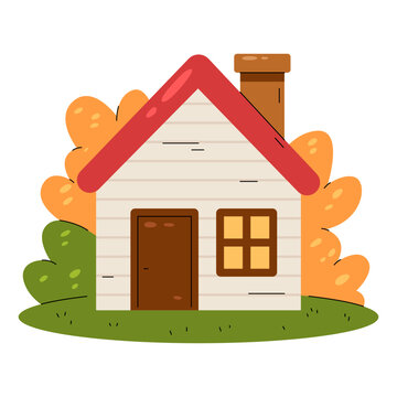 A charming illustration of a cozy house surrounded by autumn foliage. The house features a red roof, white walls, a brown door, and a single window.