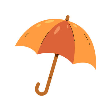 An orange umbrella, a classic accessory for rainy days, stands open with its handle curved and its fabric neatly sectioned