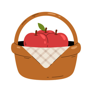 A charming illustration of a woven basket filled with ripe red apples and a checkered cloth