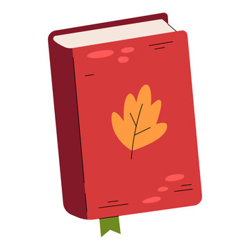 A stylized illustration of a red book with an orange leaf design on the cover. A green bookmark peeks out from the bottom