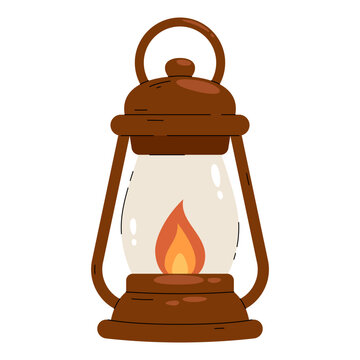A vintage brown lantern with a lit flame inside