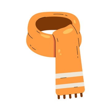 A knitted orange scarf with white stripes lies neatly folded. The scarf has tassels at the end and looks soft and warm.