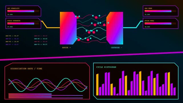 A detailed hydrogen electrolysis process displayed with luminous neon graphs and wave patterns across three screens showing fluctuating chemical reactions in a dark laboratory setting