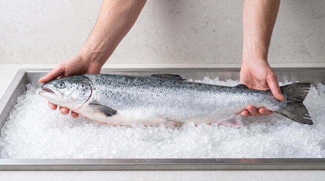 Hands carefully present a large, fresh whole salmon on crushed ice within a metal tray. This premium seafood signifies quality and healthy culinary choices.