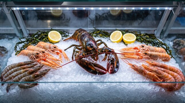 Raw lobster, prawns, and shrimp are meticulously displayed on crushed ice with fresh lemon. This premium seafood selection highlights quality ingredients for sustainable gourmet dining.