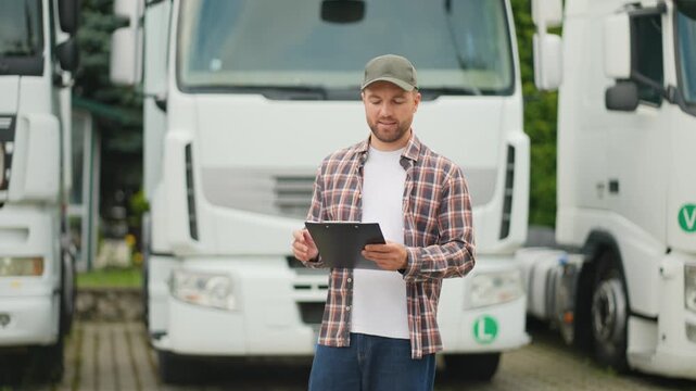 Male truck driver checking documents and inspecting the fleet