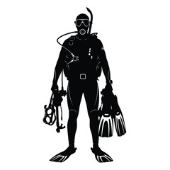 Fototapeta premium Scuba diver silhouette holding diving gear and fins on white background.