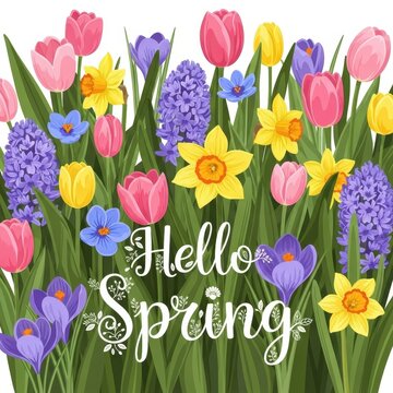 Colorful Spring Flowers with Hello Spring Text.