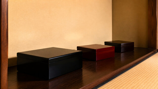 Three Plain Lacquer Storage Boxes in a Tokonoma Alcove