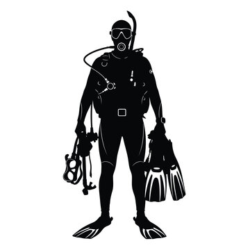 Scuba diver silhouette holding diving gear and fins on white background.