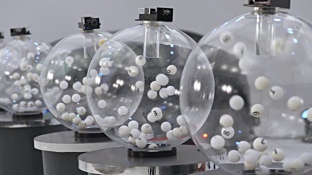 Slow motion view of transparent raffle spheres with numbered balls churning during lottery drawing contest