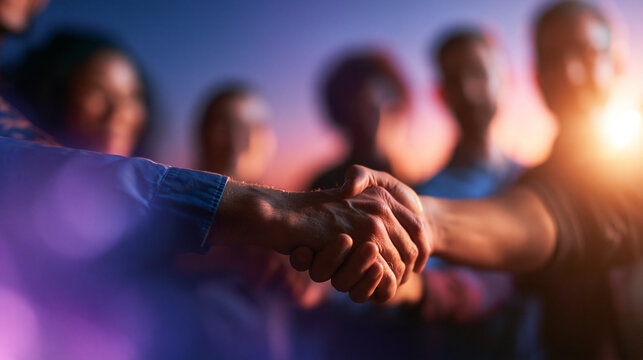 Business Handshake with Diverse Team in Background at Sunset